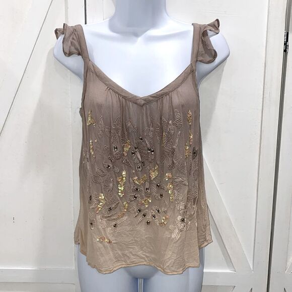 Guess Embellished Semi Sheer Ombre Tan And Cream Tone Blouse With Chiffon Straps - Picture 1 of 8